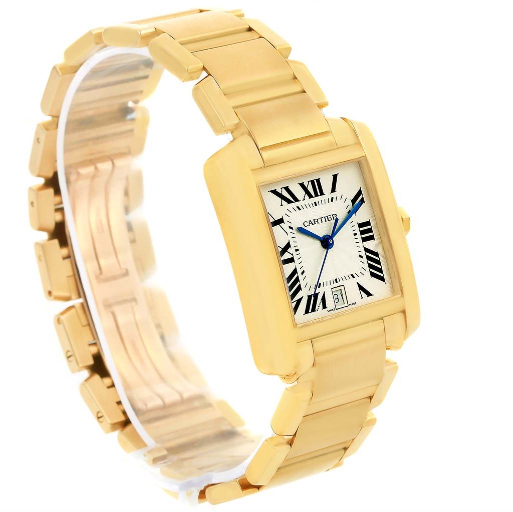 The image shows a Cartier Tank Francaise W50001R2 Yellow Gold Silver Dial W50001R2 Yellow Gold Silver Dial watch at a slight angle, displaying its rectangular dial and gold strap.