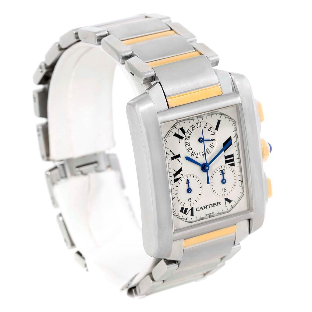 This image shows a Cartier Tank Francaise W51004Q4 Men's Steel and Gold (two tone) Silver Dial W51004Q4 Men's Steel and Gold (two tone) Silver Dial watch from an angled view, highlighting the face, bezel, and bracelet.