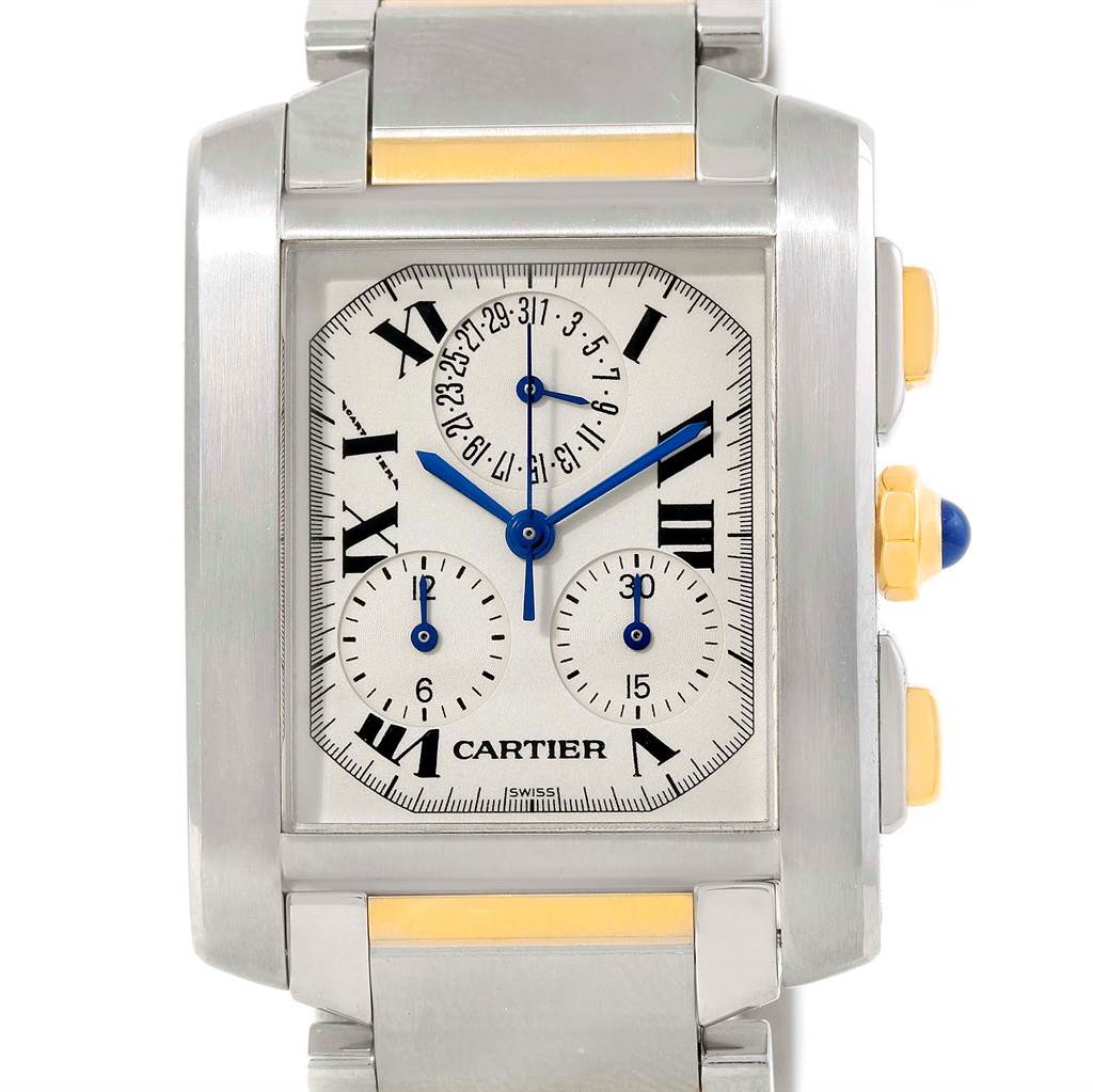 This image shows a frontal view of the Cartier Tank Francaise W51004Q4 Men's Steel and Gold (two tone) Silver Dial W51004Q4 Men's Steel and Gold (two tone) Silver Dial watch, highlighting the dial, Roman numerals, and side buttons.