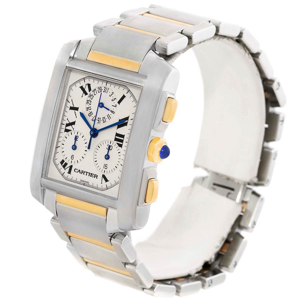 The image shows a Cartier Tank Francaise W51004Q4 Men's Steel and Gold (two tone) Silver Dial W51004Q4 Men's Steel and Gold (two tone) Silver Dial watch at a three-quarter angle, highlighting the face, bezel, crown, and strap.