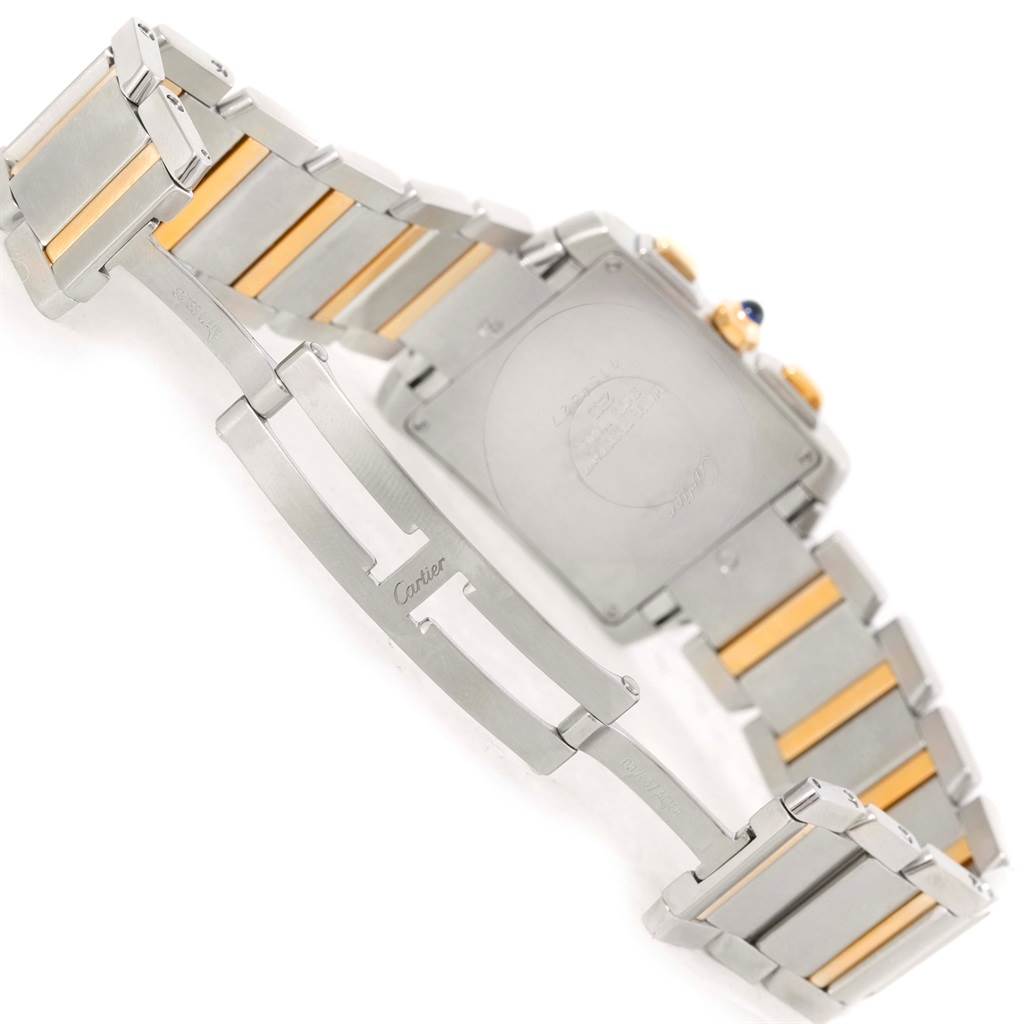 The image shows the clasp, back, and part of the bracelet of a Cartier Tank Francaise W51004Q4 Men's Steel and Gold (two tone) Silver Dial W51004Q4 Men's Steel and Gold (two tone) Silver Dial watch, focusing on its two-tone metal design.