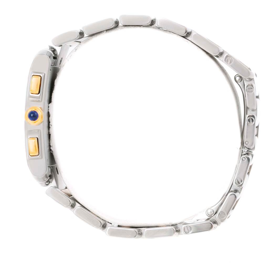 This side view of the Cartier Tank Francaise W51004Q4 Men's Steel and Gold (two tone) Silver Dial W51004Q4 Men's Steel and Gold (two tone) Silver Dial watch focuses on the metal bracelet and side buttons with a blue cabochon crown.