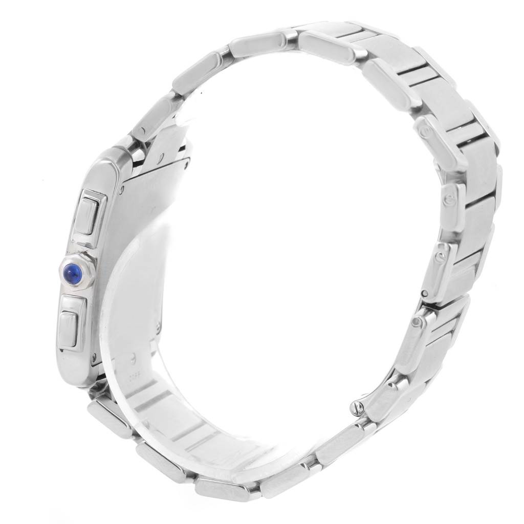 The image shows a side view of the Cartier Tank Francaise W51001Q3 Men's Stainless Steel White Dial W51001Q3 Men's Stainless Steel White Dial watch, highlighting its rectangular case and metal link bracelet.