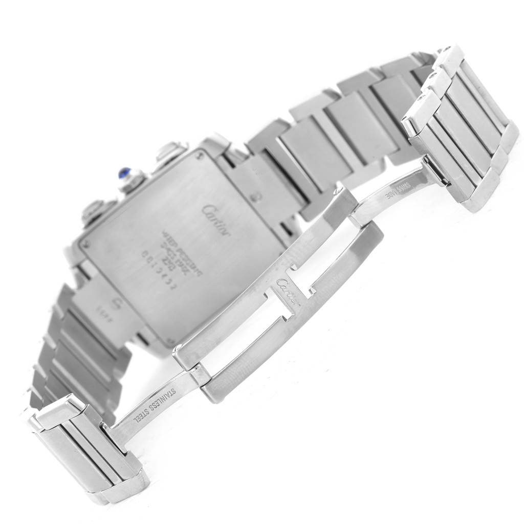 The image shows the back case and partially open stainless steel bracelet of the Cartier Tank Francaise W51001Q3 Men's Stainless Steel White Dial W51001Q3 Men's Stainless Steel White Dial watch.