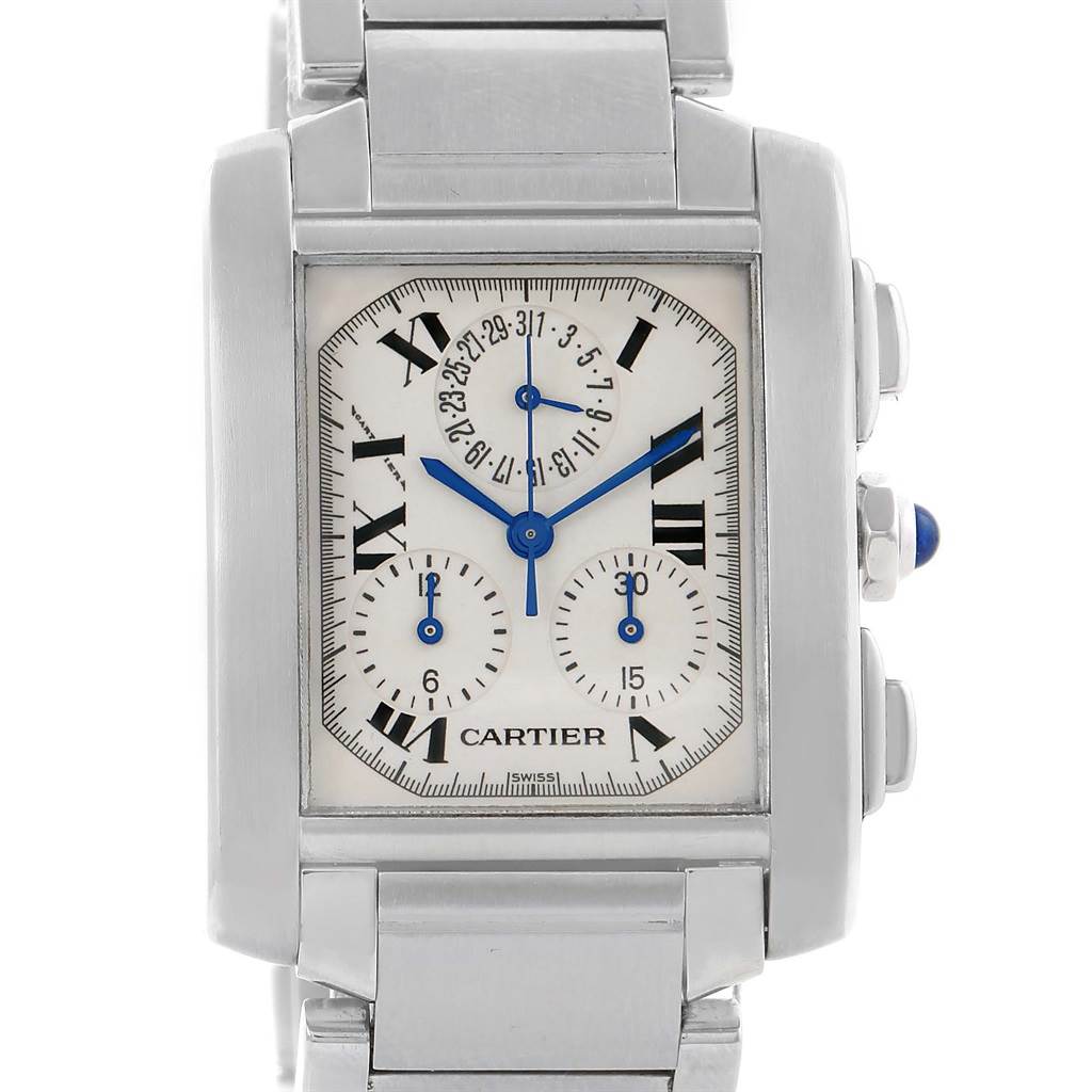 This image shows a frontal view of the Cartier Tank Francaise W51001Q3 Men's Stainless Steel White Dial W51001Q3 Men's Stainless Steel White Dial watch, displaying its rectangular case, Roman numeral dial, and stainless steel bracelet.