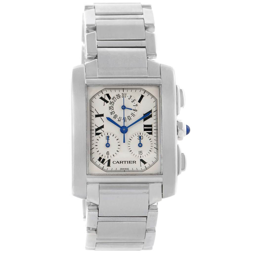 The image shows a frontal view of the Cartier Tank Francaise W51001Q3 Men's Stainless Steel White Dial W51001Q3 Men's Stainless Steel White Dial watch, showcasing its face, dial, and metal bracelet.