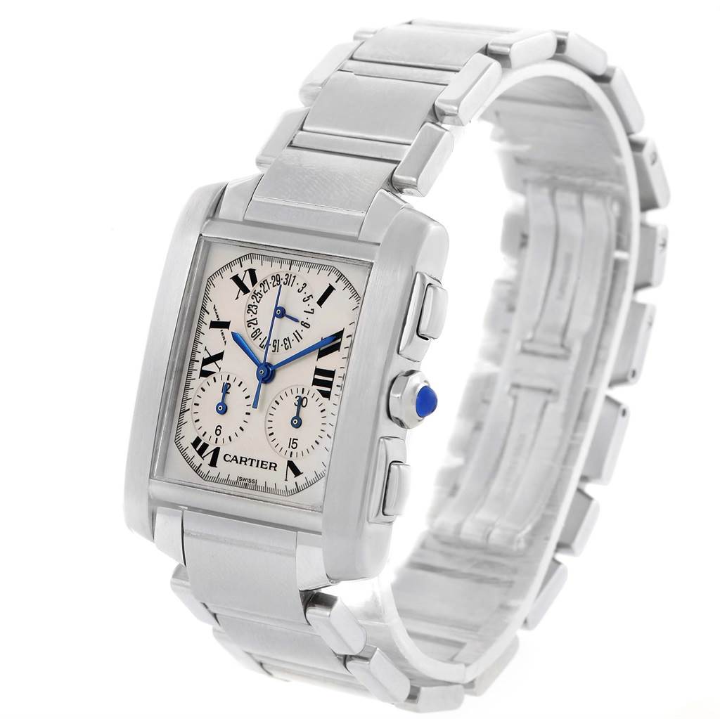 The image shows a Cartier Tank Francaise W51001Q3 Men's Stainless Steel White Dial W51001Q3 Men's Stainless Steel White Dial watch at a three-quarter angle, highlighting the rectangular face, crown, and stainless steel bracelet.