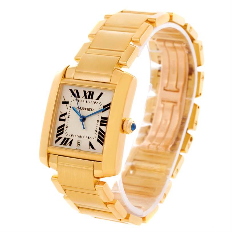 This image shows a Cartier Tank Francaise W50001R2 Men
s Yellow Gold Silver Dial W50001R2 Men
s Yellow Gold Silver Dial watch at a three-quarter angle, highlighting its gold bracelet and rectangular dial.