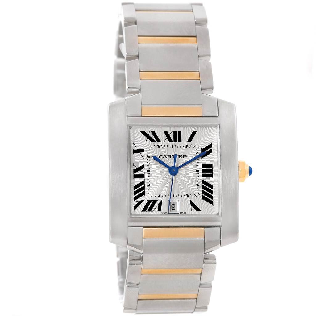 The image shows a Cartier Tank Française watch from a front angle, highlighting the face, bezel, and part of the wristband.