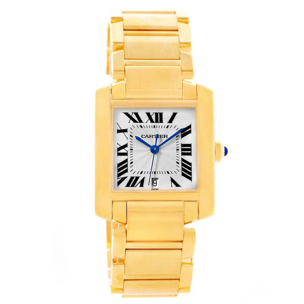 The image shows a front view of a Cartier Tank Francaise W50001R2 Yellow Gold Silver Dial W50001R2 Yellow Gold Silver Dial watch, displaying its gold bracelet, rectangular case, and Roman numeral dial.