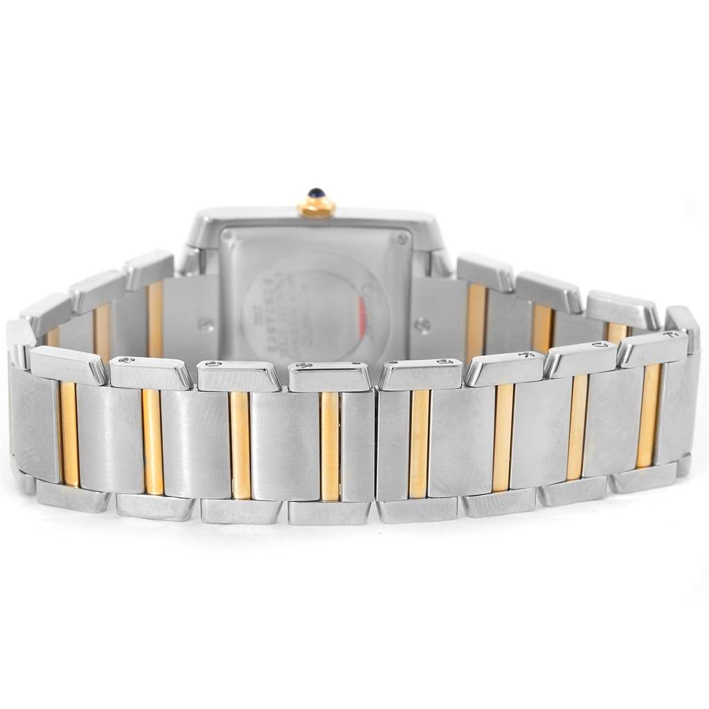 The image shows the back view of the Cartier Tank Francaise W51005Q4 Steel and Gold (two tone) Silver Dial W51005Q4 Steel and Gold (two tone) Silver Dial watch, highlighting the back case and two-tone metal bracelet.