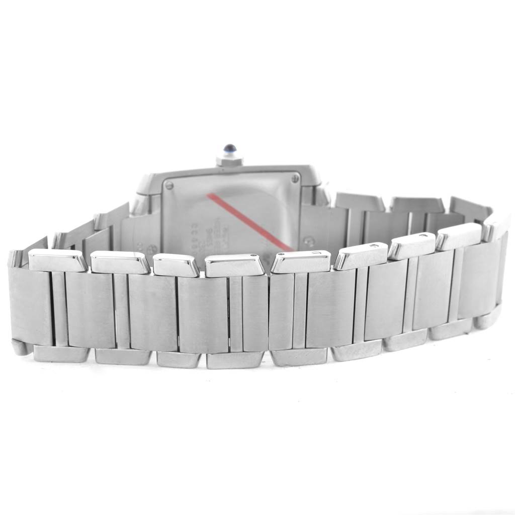 The image shows the back and bracelet of a Cartier Tank Francaise W51002Q3 Stainless Steel Silver Dial W51002Q3 Stainless Steel Silver Dial watch.