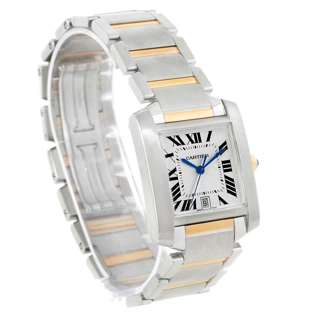 The Cartier Tank Francaise W51005Q4 Men
s Steel and Gold (two tone) Silver Dial W51005Q4 Men
s Steel and Gold (two tone) Silver Dial watch is shown at an oblique angle, displaying its face, bracelet, and side.