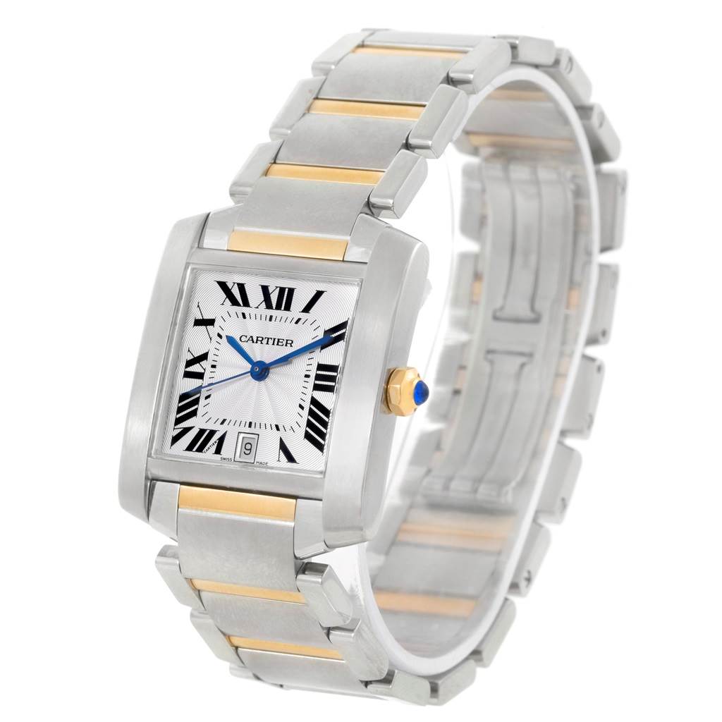 The Cartier Tank Francaise W51005Q4 Men
s Steel and Gold (two tone) Silver Dial W51005Q4 Men
s Steel and Gold (two tone) Silver Dial watch is shown at a three-quarter angle, displaying the dial, bracelet, and side crown.