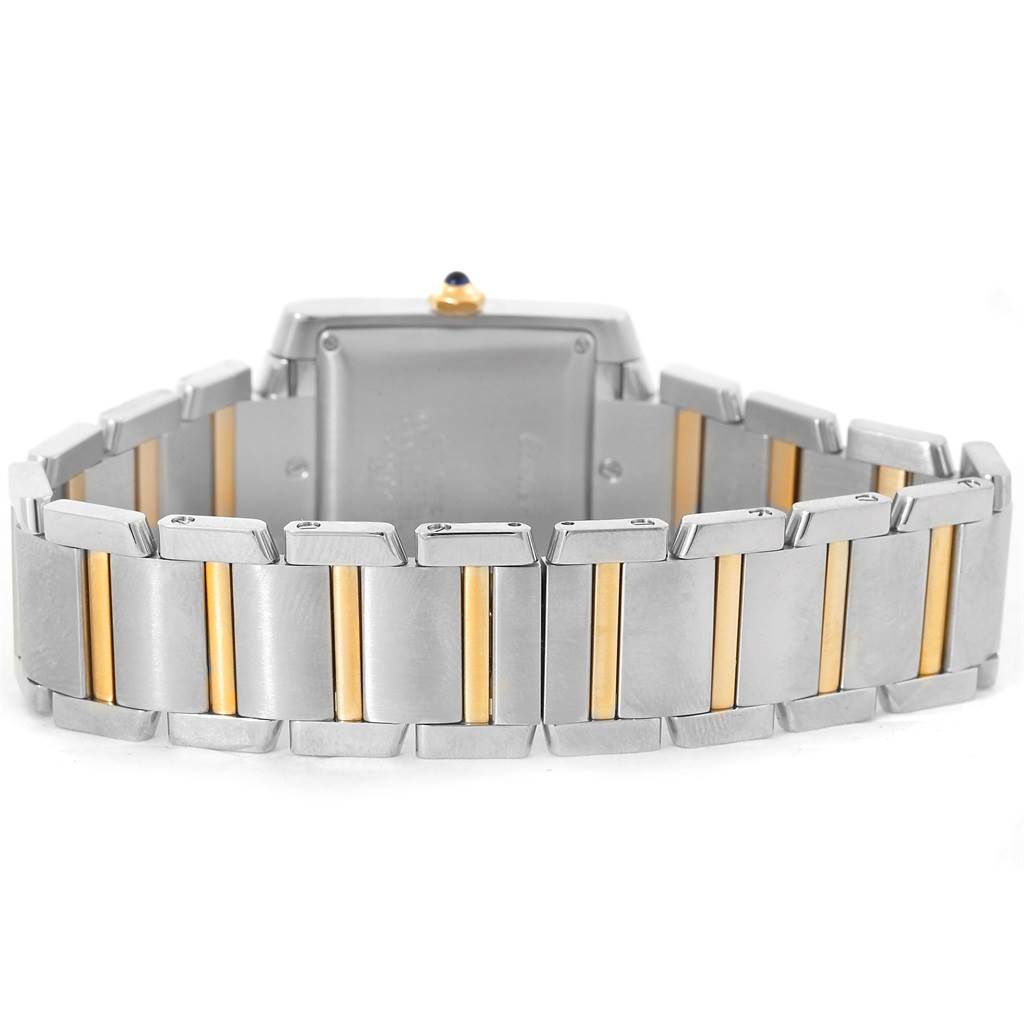 The image shows the back view of a Cartier Tank Francaise W51005Q4 Men
s Steel and Gold (two tone) Silver Dial W51005Q4 Men
s Steel and Gold (two tone) Silver Dial watch, highlighting the metal bracelet with gold accents.