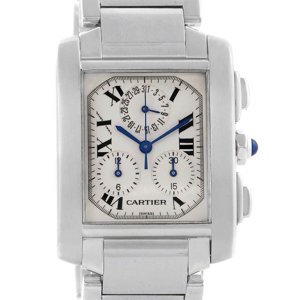 The Cartier Tank Francaise W51001Q3 Men
s Stainless Steel White Dial W51001Q3 Men
s Stainless Steel White Dial watch is shown from the front, highlighting its rectangular case, Roman numeral dial, and subdials.