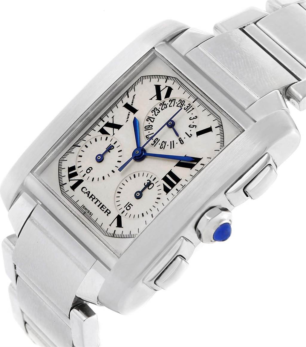The Cartier Tank Francaise W51001Q3 Men
s Stainless Steel White Dial W51001Q3 Men
s Stainless Steel White Dial watch is shown at an angled view, highlighting its square dial, stainless steel bracelet, and blue hands.