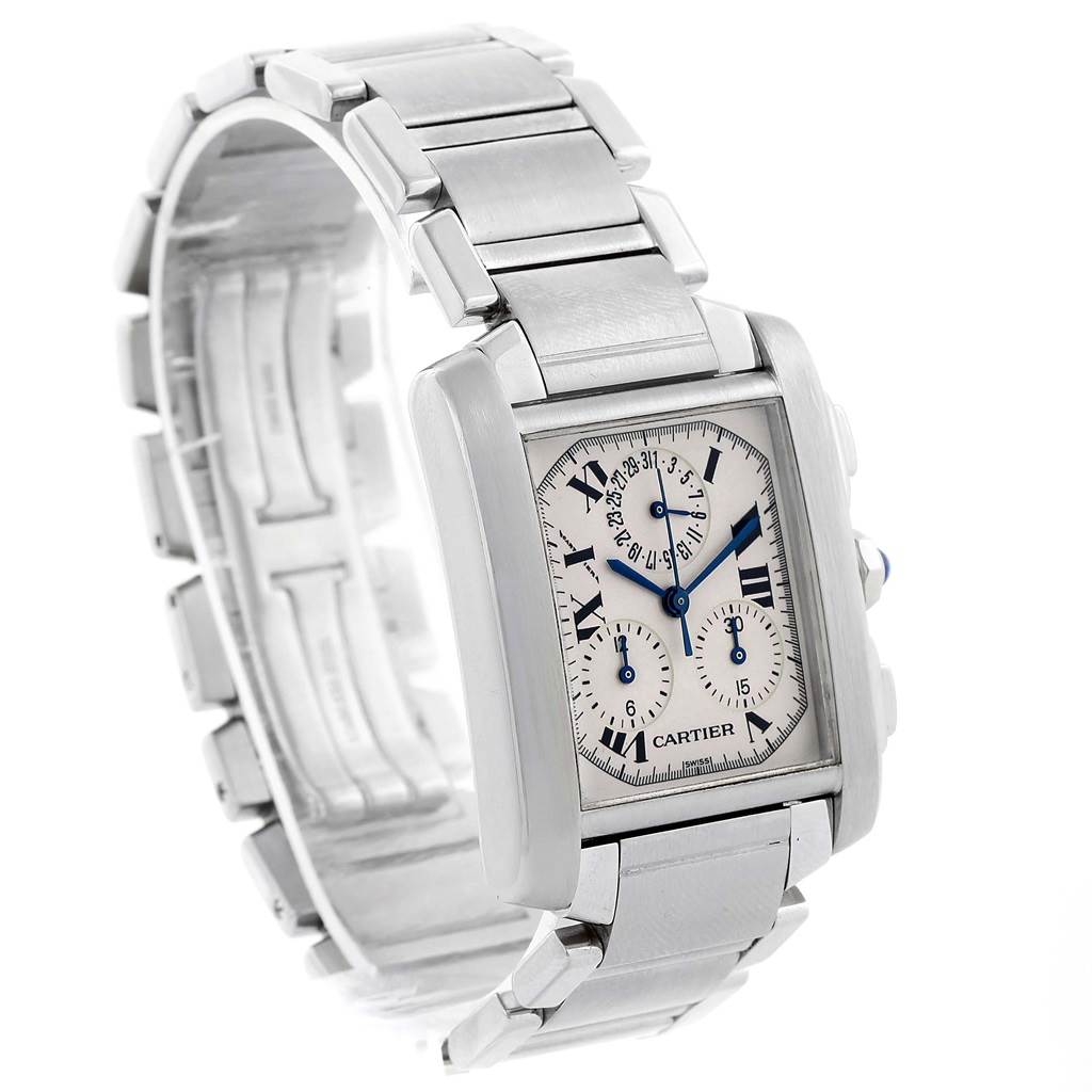 The image shows a Cartier Tank Française watch at an angled view, highlighting the face, bezel, bracelet, and pushers.