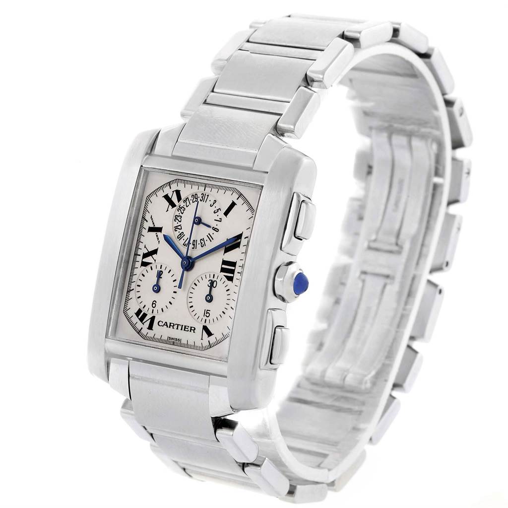 This image displays the Cartier Tank Francaise W51001Q3 Men
s Stainless Steel White Dial W51001Q3 Men
s Stainless Steel White Dial watch at a slight angle, showing the face, case, three subdials, crown, and bracelet.