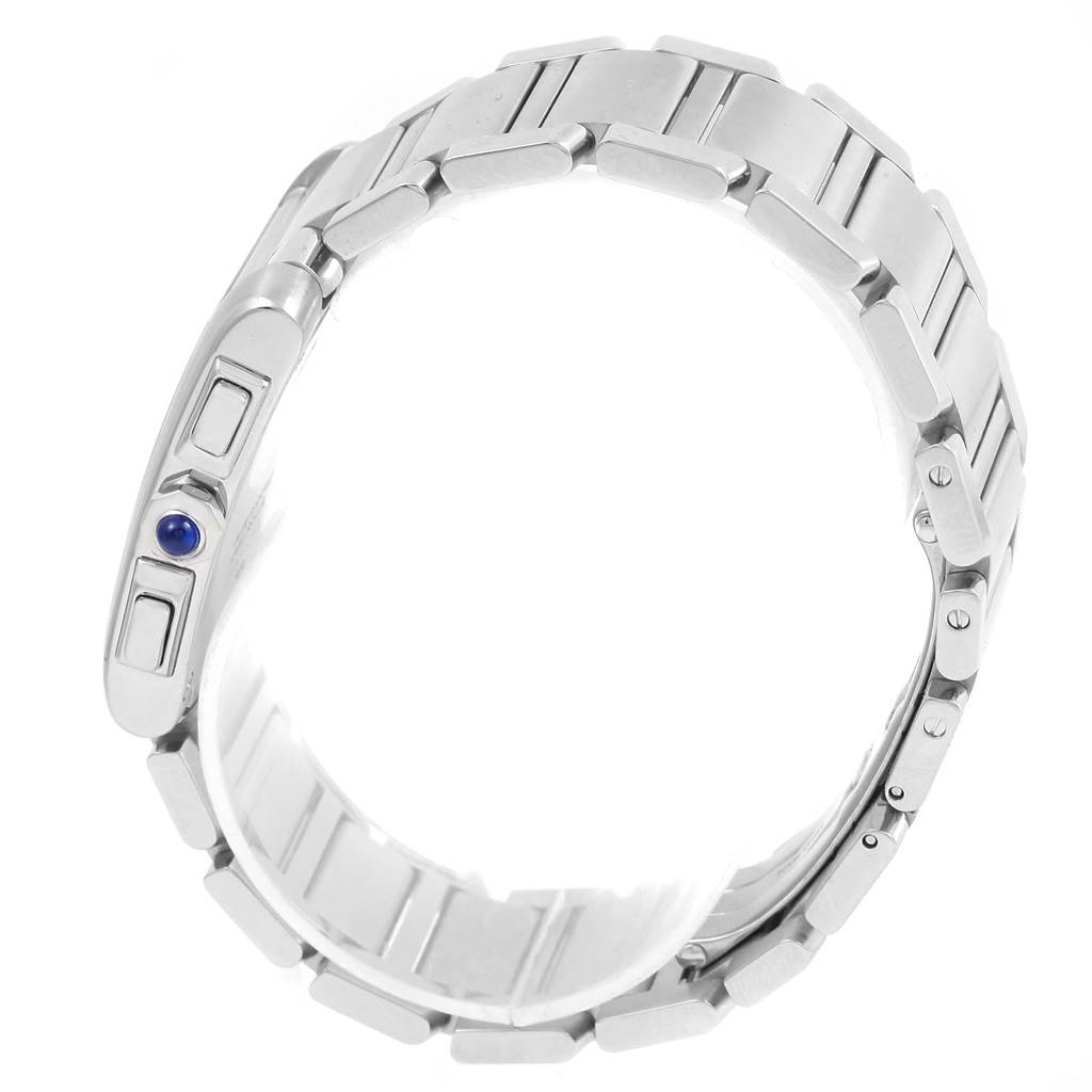 The image shows a side view of the clasp and bracelet of the Cartier Tank Française watch, highlighting its linked segments and blue cabochon crown.