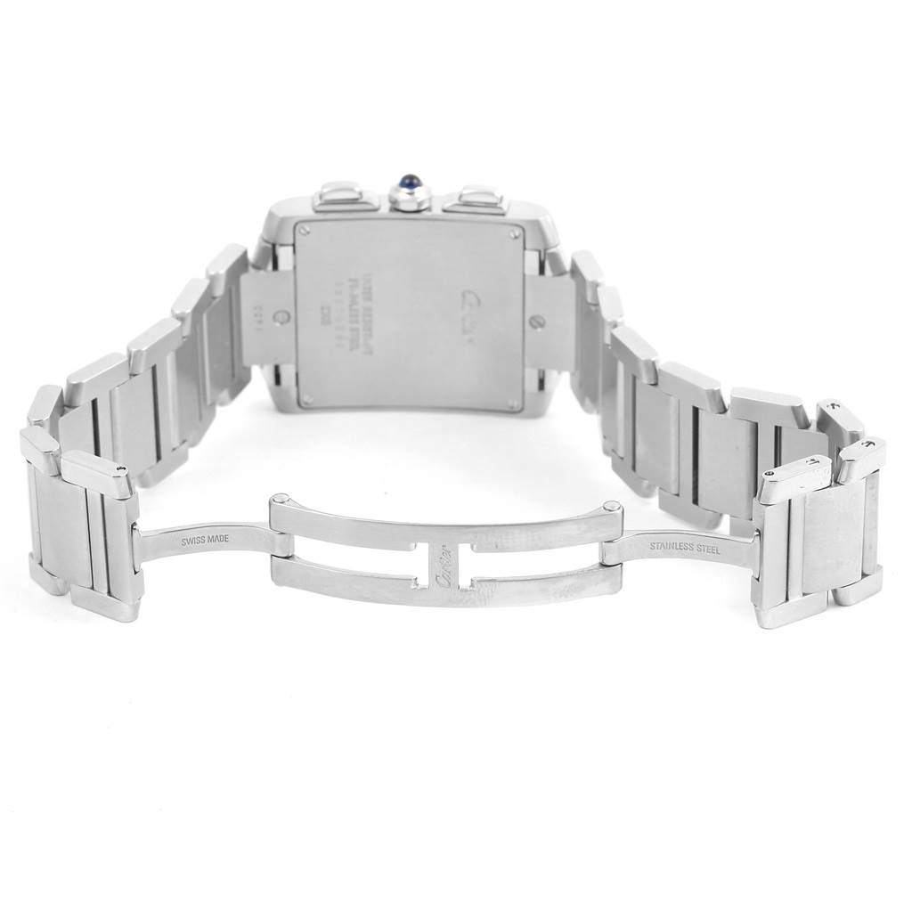 The image shows the back view of a Cartier Tank Francaise W51001Q3 Men
s Stainless Steel White Dial W51001Q3 Men
s Stainless Steel White Dial watch, highlighting its stainless steel bracelet and clasp.