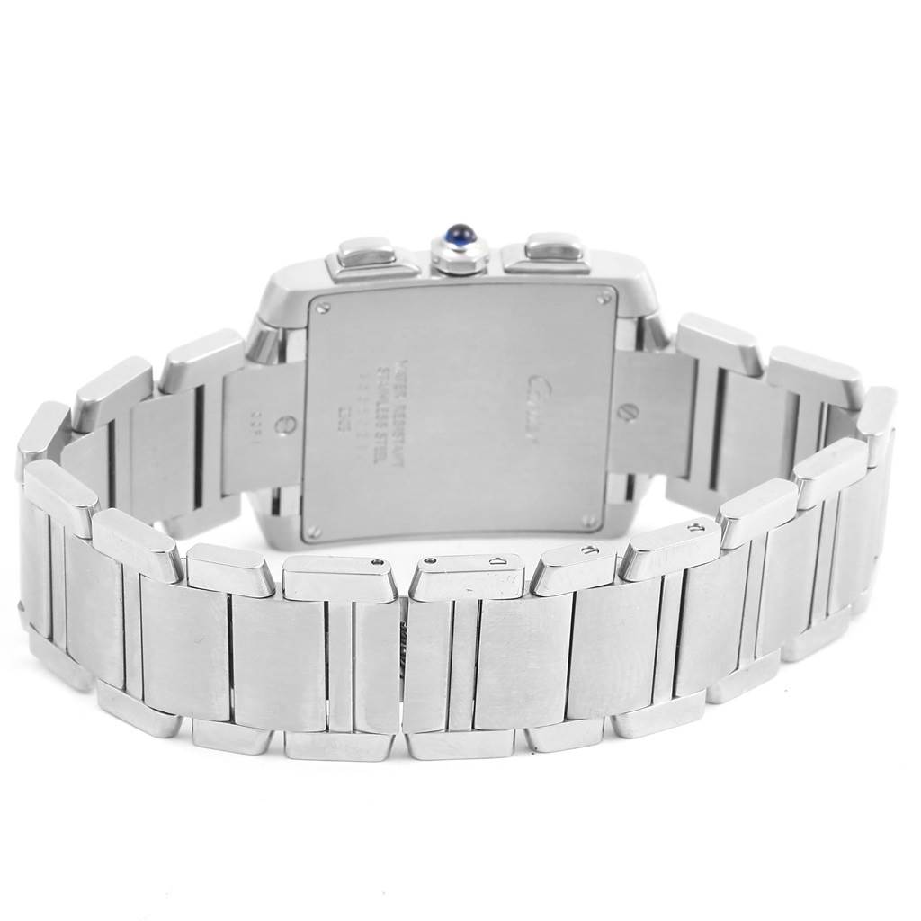 This image shows the backside and bracelet of the Cartier Tank Francaise W51001Q3 Men
s Stainless Steel White Dial W51001Q3 Men
s Stainless Steel White Dial watch, highlighting its metal links and clasp.