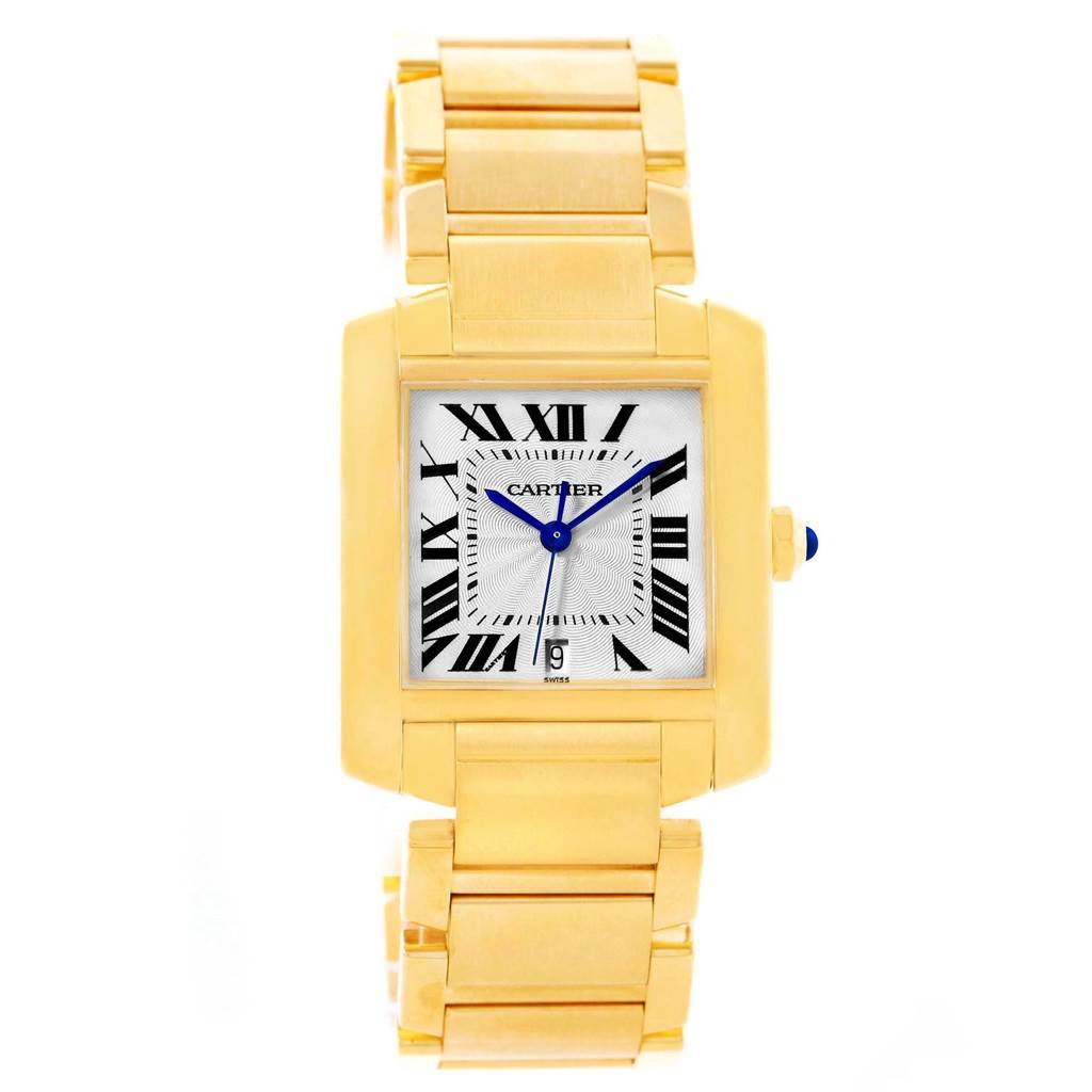 This image shows the front view of a Cartier Tank Francaise W50001R2 Yellow Gold Silver Dial W50001R2 Yellow Gold Silver Dial model watch, highlighting its square face, blue hands, gold bracelet, and Roman numerals.