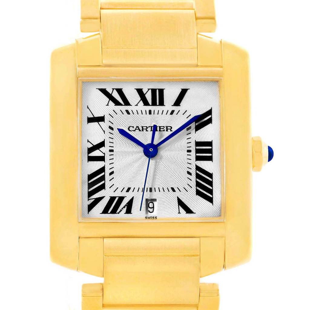 This image shows a close-up of a Cartier Tank Francaise W50001R2 Yellow Gold Silver Dial W50001R2 Yellow Gold Silver Dial watch face and part of the bracelet.