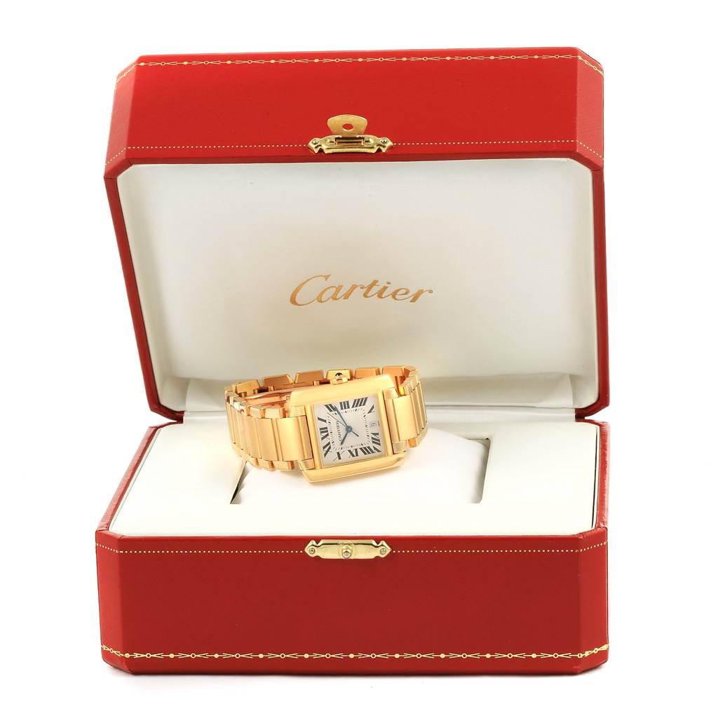The Cartier Tank Francaise W50001R2 Yellow Gold Silver Dial W50001R2 Yellow Gold Silver Dial watch is shown front-facing inside a red display box.