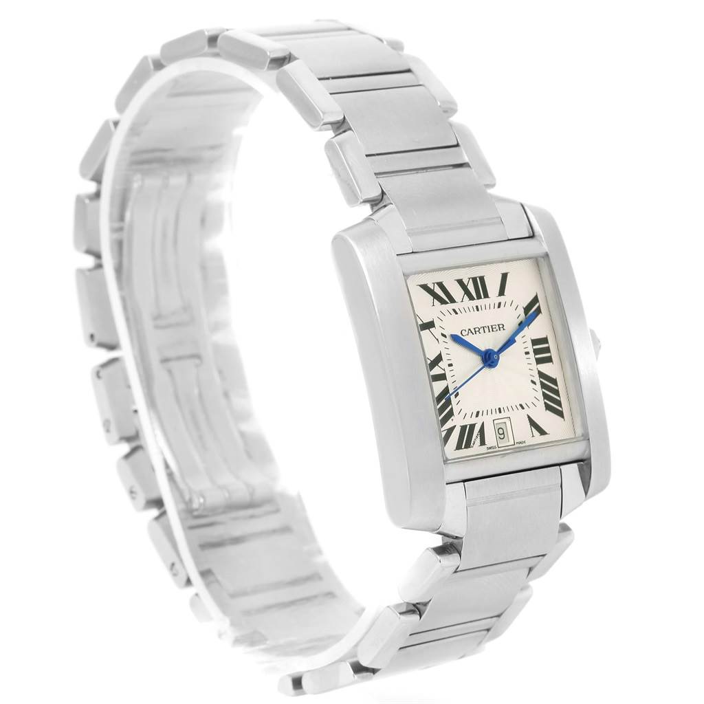 The image shows a side view of a Cartier Tank Française watch, highlighting its bracelet and rectangular dial.