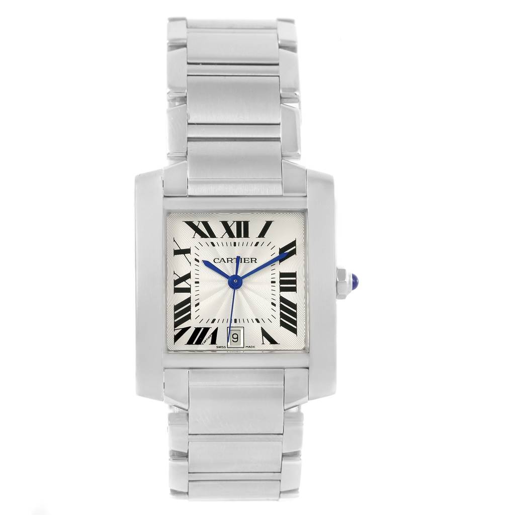 The image shows a front view of a Cartier Tank Française watch, displaying its rectangular face, silver bracelet, and Roman numeral dial.