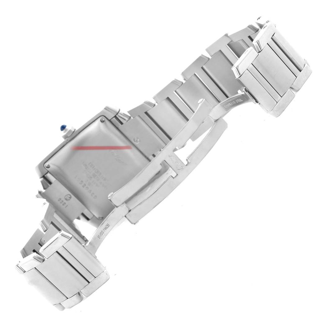 This image shows the back of the Cartier Tank Francaise W51002Q3 Stainless Steel Silver Dial W51002Q3 Stainless Steel Silver Dial watch and its unfolded stainless steel bracelet with the clasp mechanism visible.