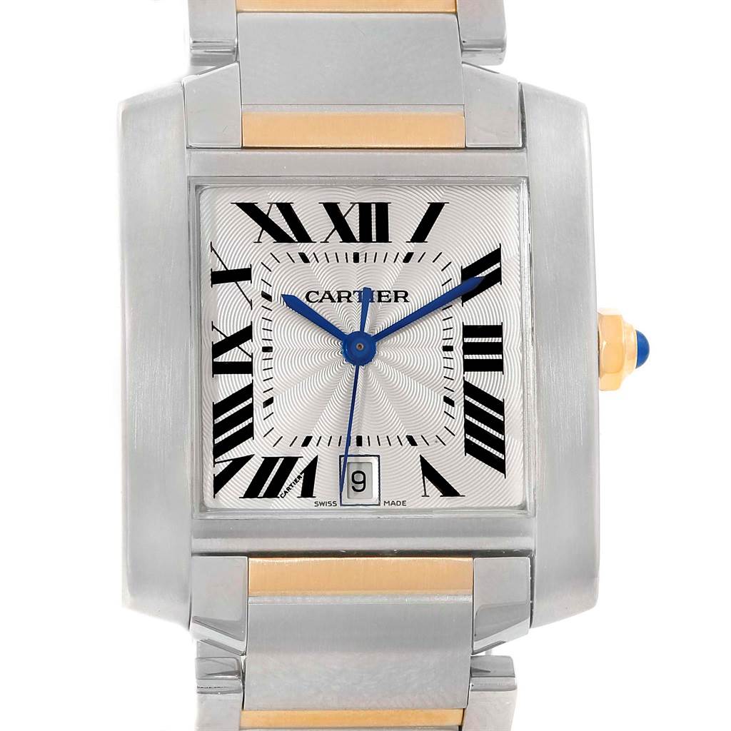 The image shows a frontal view of the Cartier Tank Francaise W51005Q4 Men's Steel and Gold (two tone) Silver Dial W51005Q4 Men's Steel and Gold (two tone) Silver Dial watch, highlighting its face, hands, and part of the bracelet.
