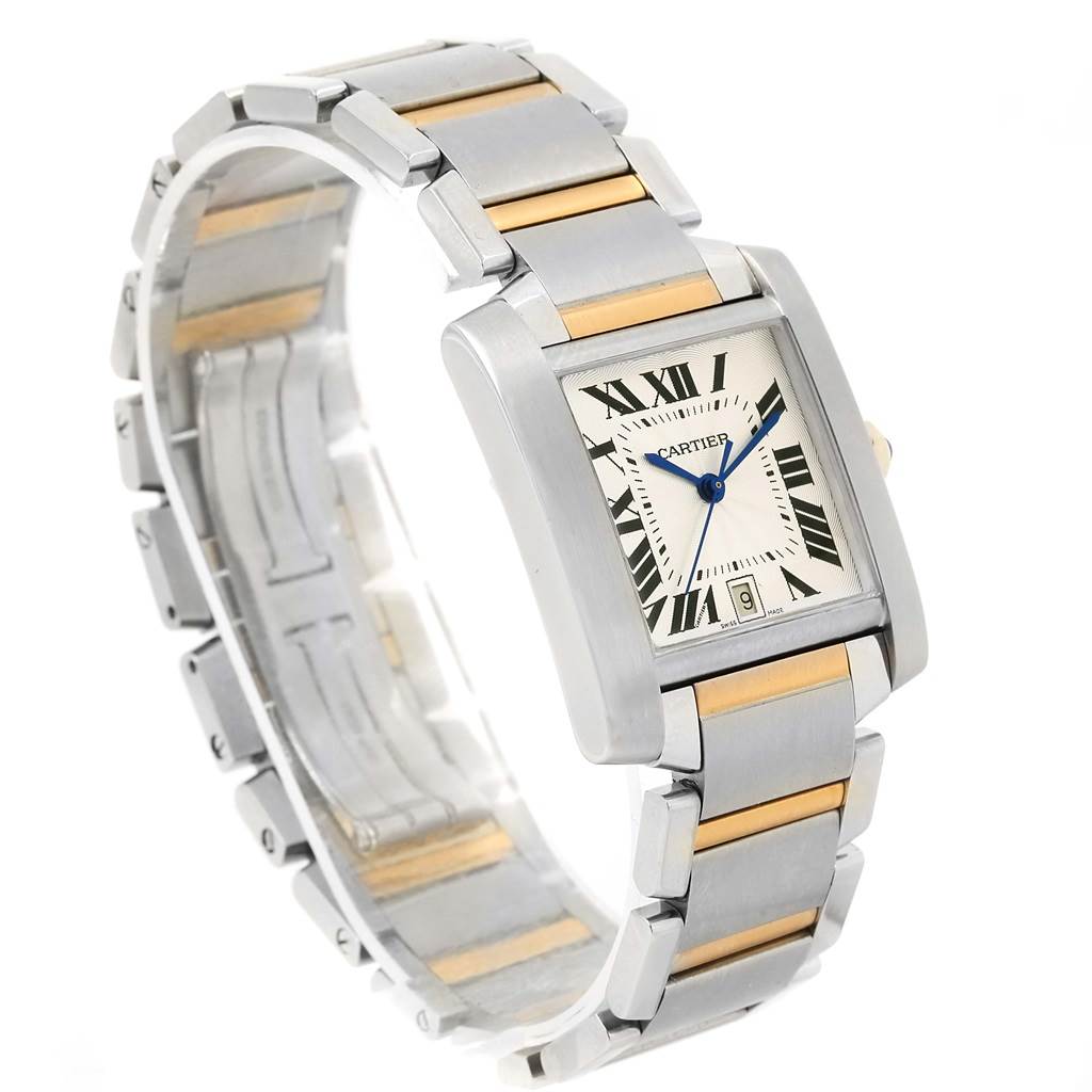The Cartier Tank Francaise W51005Q4 Men's Steel and Gold (two tone) Silver Dial W51005Q4 Men's Steel and Gold (two tone) Silver Dial watch is shown angled from the left, highlighting the face, bezel, and two-tone bracelet.