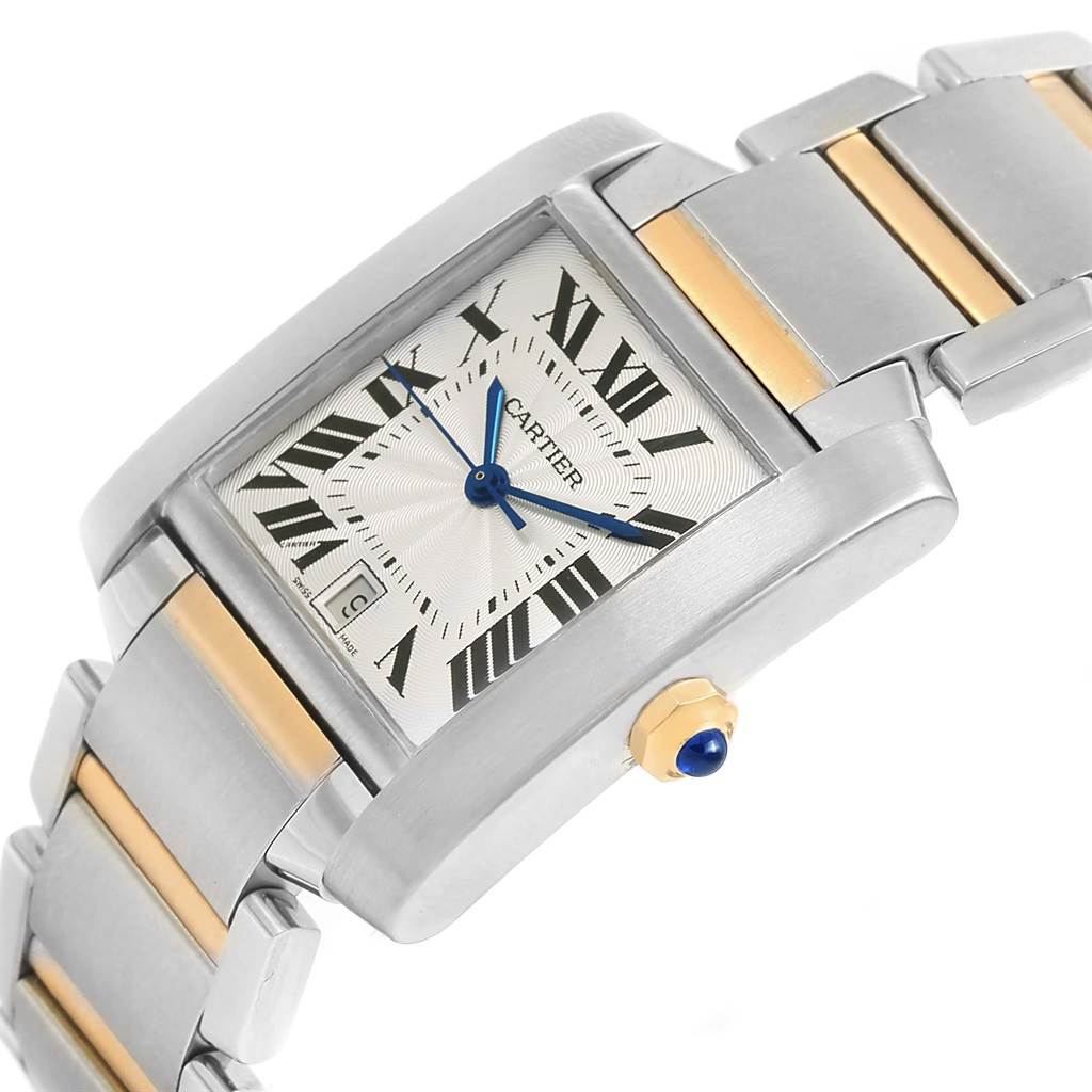 The Cartier Tank Francaise W51005Q4 Men's Steel and Gold (two tone) Silver Dial W51005Q4 Men's Steel and Gold (two tone) Silver Dial watch is shown at an angle highlighting the face, crown, and part of the metal bracelet.