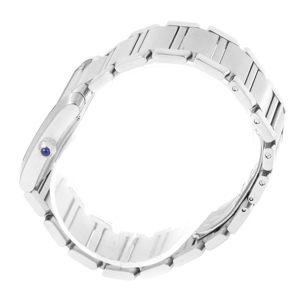 The image shows a side view of the bracelet and crown of the Cartier Tank Française watch.