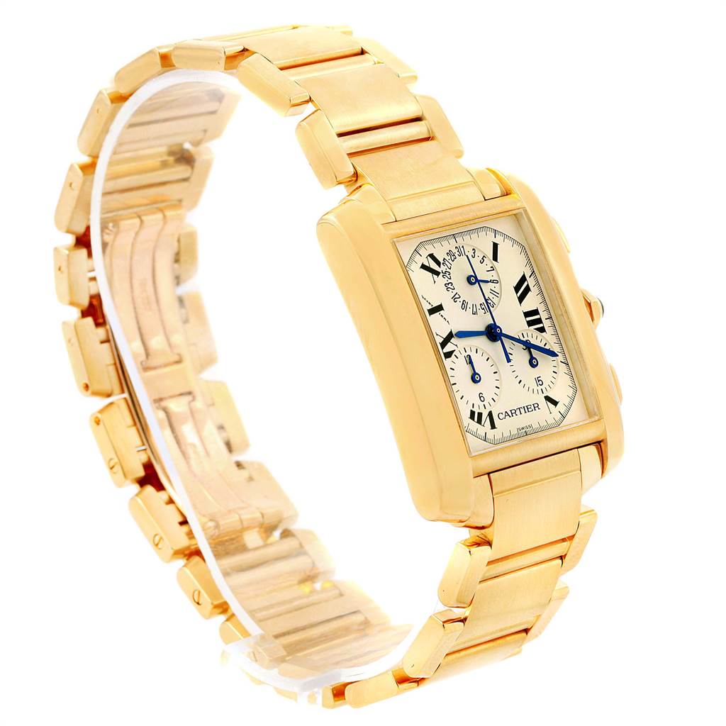 The image shows a Cartier Tank Francaise W50005R2 Men
s Yellow Gold Silver Dial W50005R2 Men
s Yellow Gold Silver Dial watch, displaying its gold case, bracelet, and face with Roman numeral hour markers.