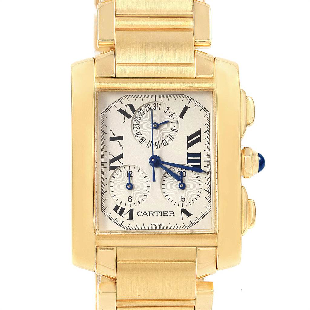 The image shows a front view of a Cartier Tank Francaise W50005R2 Men
s Yellow Gold Silver Dial W50005R2 Men
s Yellow Gold Silver Dial watch, highlighting its face, crown, and bracelet.