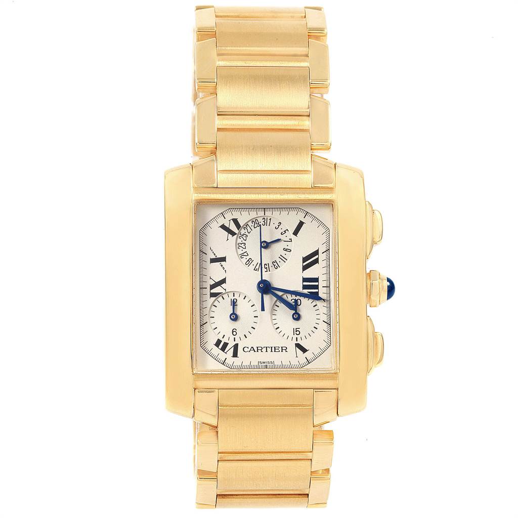 The image shows a front view of a Cartier Tank Francaise W50005R2 Men
s Yellow Gold Silver Dial W50005R2 Men
s Yellow Gold Silver Dial watch, highlighting the gold bracelet and dial with blue hands.