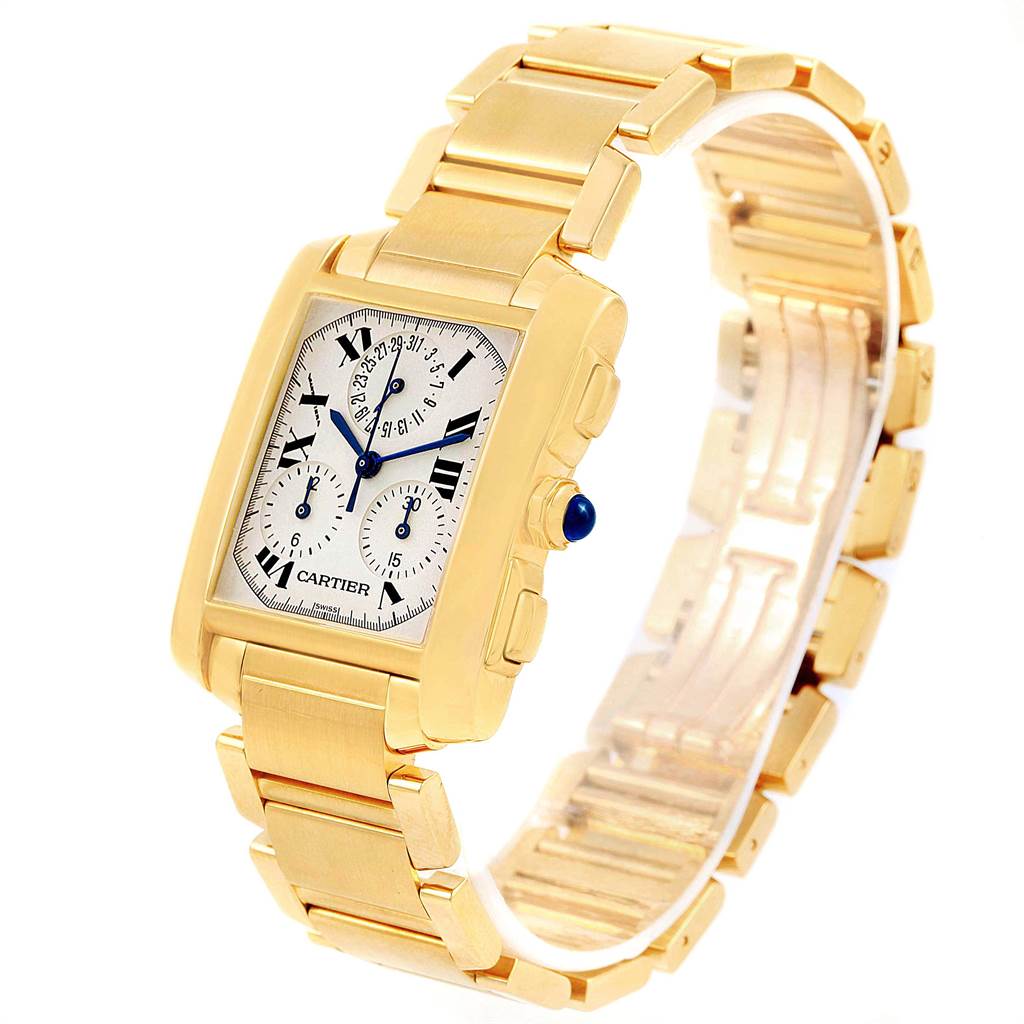 This image shows a Cartier Tank Francaise W50005R2 Men
s Yellow Gold Silver Dial W50005R2 Men
s Yellow Gold Silver Dial watch angled to display its gold bracelet and rectangular face with Roman numerals.