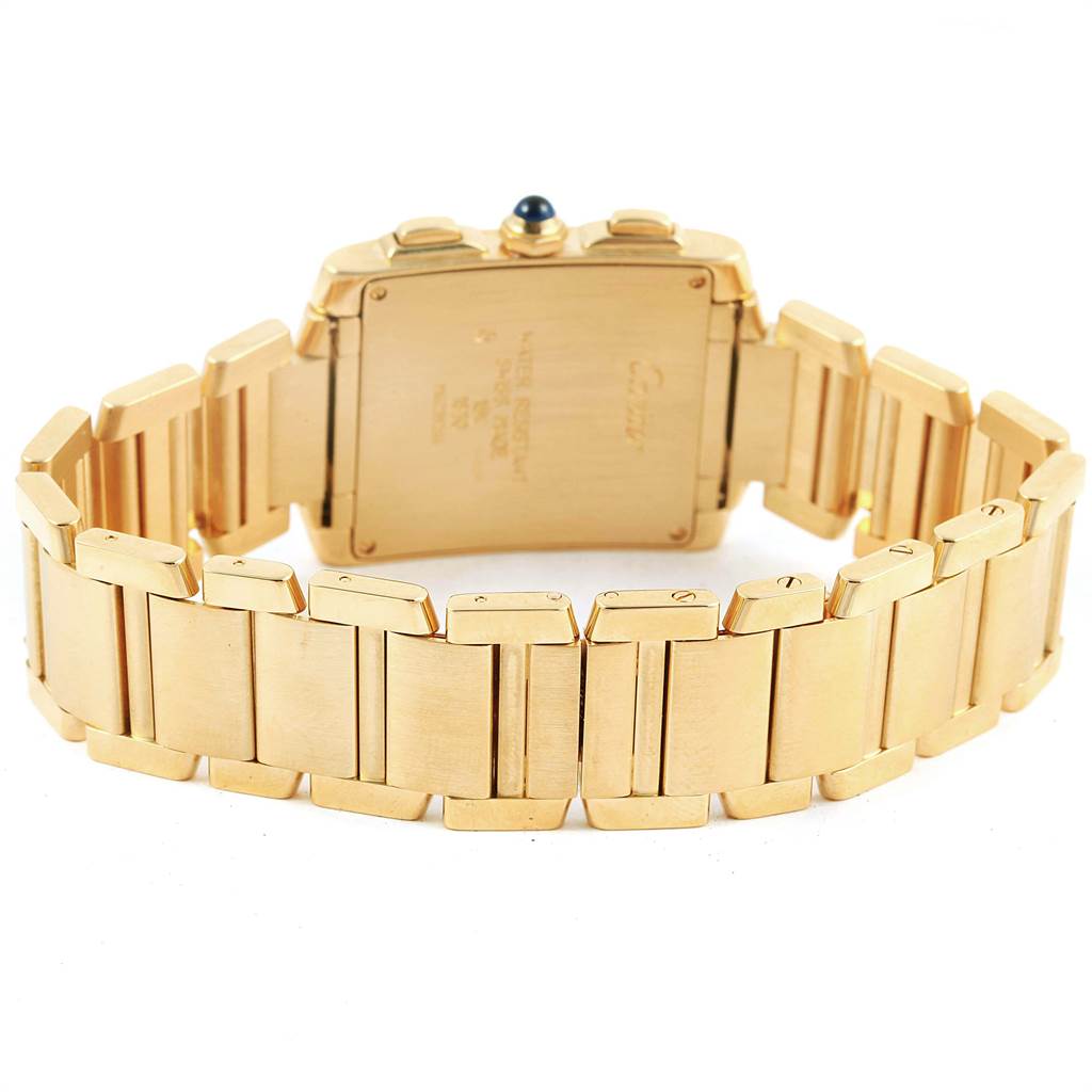 This image shows the back view of the Cartier Tank Francaise W50005R2 Men
s Yellow Gold Silver Dial W50005R2 Men
s Yellow Gold Silver Dial watch, specifically highlighting its gold case and linked bracelet.
