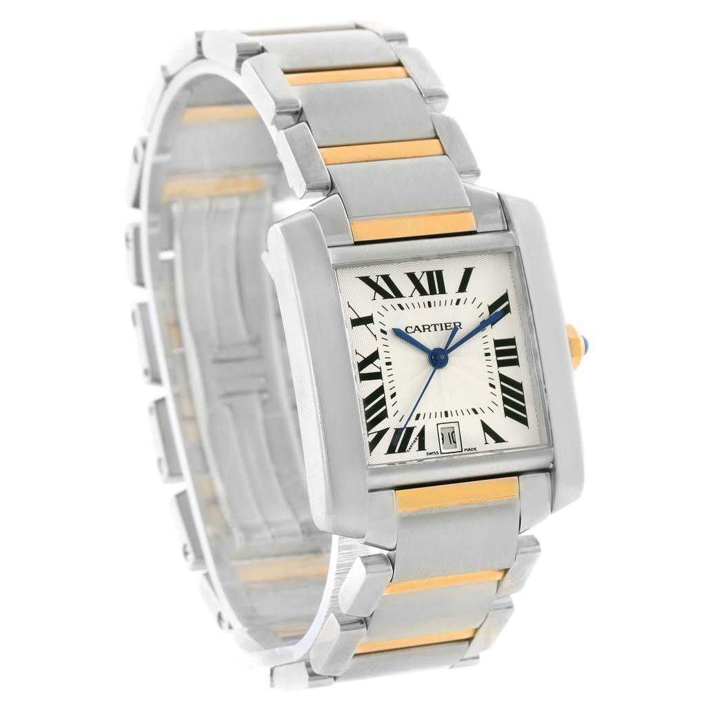 This image shows a Cartier Tank Française watch at a three-quarter angle, highlighting the face, bracelet, and bezel.