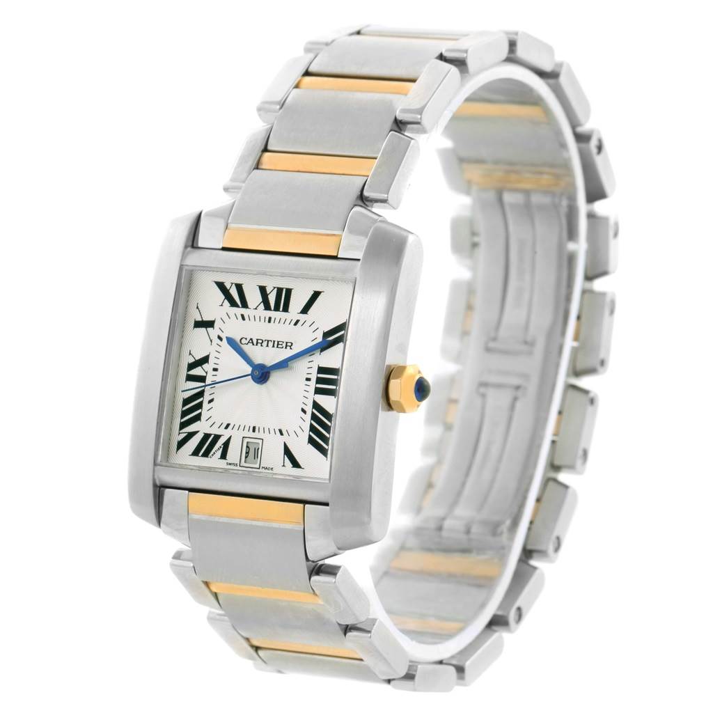 The image shows a Cartier Tank Francaise W51005Q4 Steel and Gold (two tone) Silver Dial W51005Q4 Steel and Gold (two tone) Silver Dial watch at an angled side view, highlighting the face, crown, and two-tone metal bracelet.
