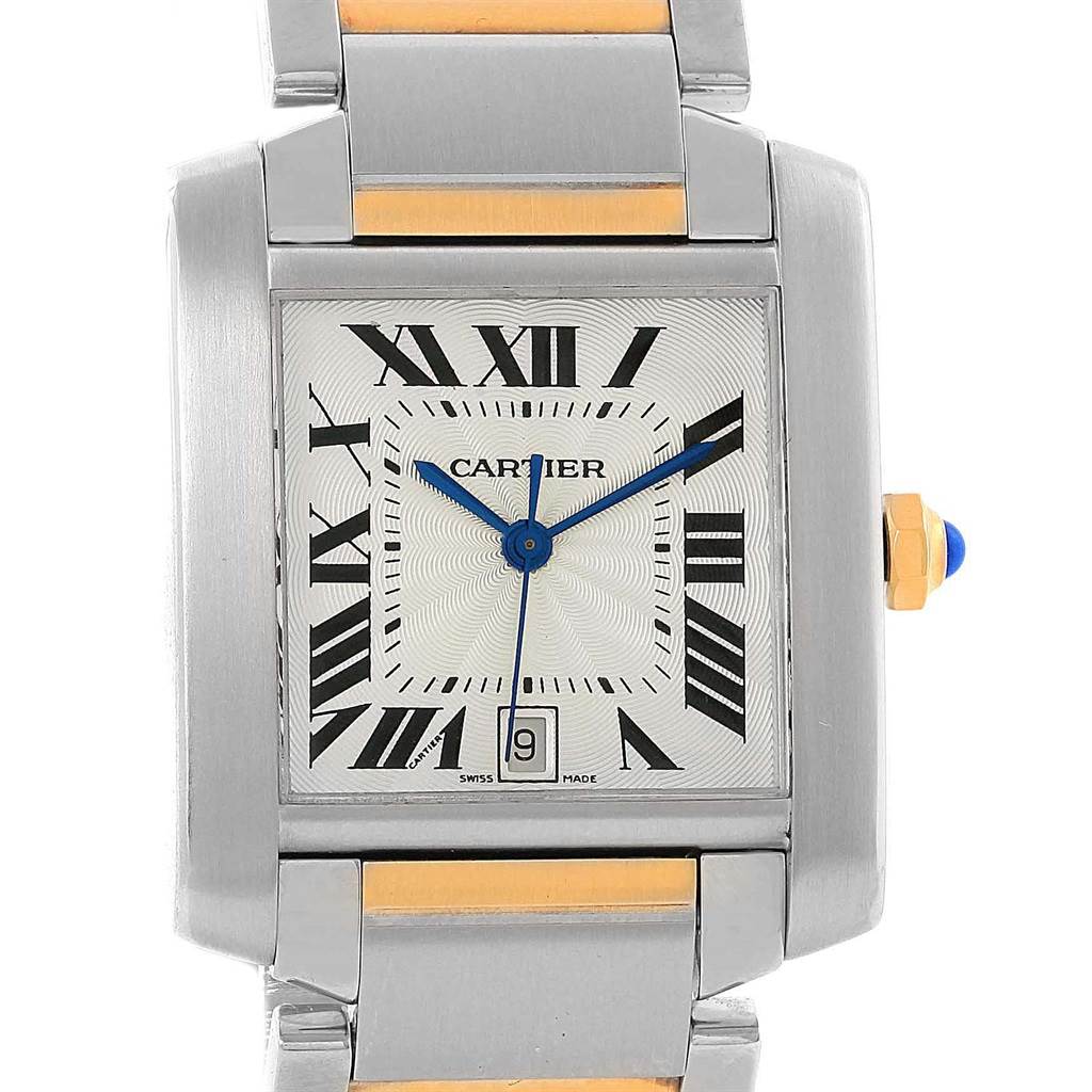 This photo shows a close-up, front view of the Cartier Tank Francaise W51005Q4 Steel and Gold (two tone) Silver Dial W51005Q4 Steel and Gold (two tone) Silver Dial watch, highlighting its face, hands, and part of the bracelet.