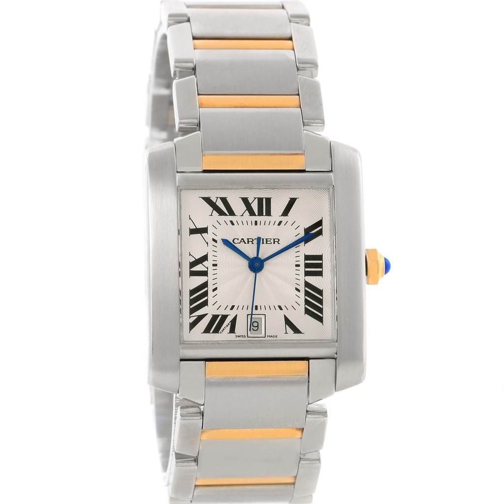 The image shows a frontal view of a Cartier Tank Francaise W51005Q4 Steel and Gold (two tone) Silver Dial W51005Q4 Steel and Gold (two tone) Silver Dial watch, highlighting its rectangular face, Roman numeral markers, and metal bracelet.