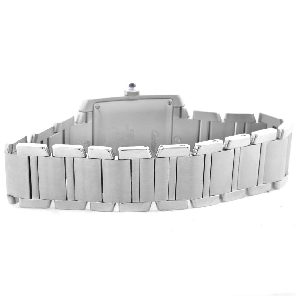 This image shows the back view of a Cartier Tank Francaise W51002Q3 Stainless Steel Silver Dial W51002Q3 Stainless Steel Silver Dial watch, highlighting the bracelet and clasp.