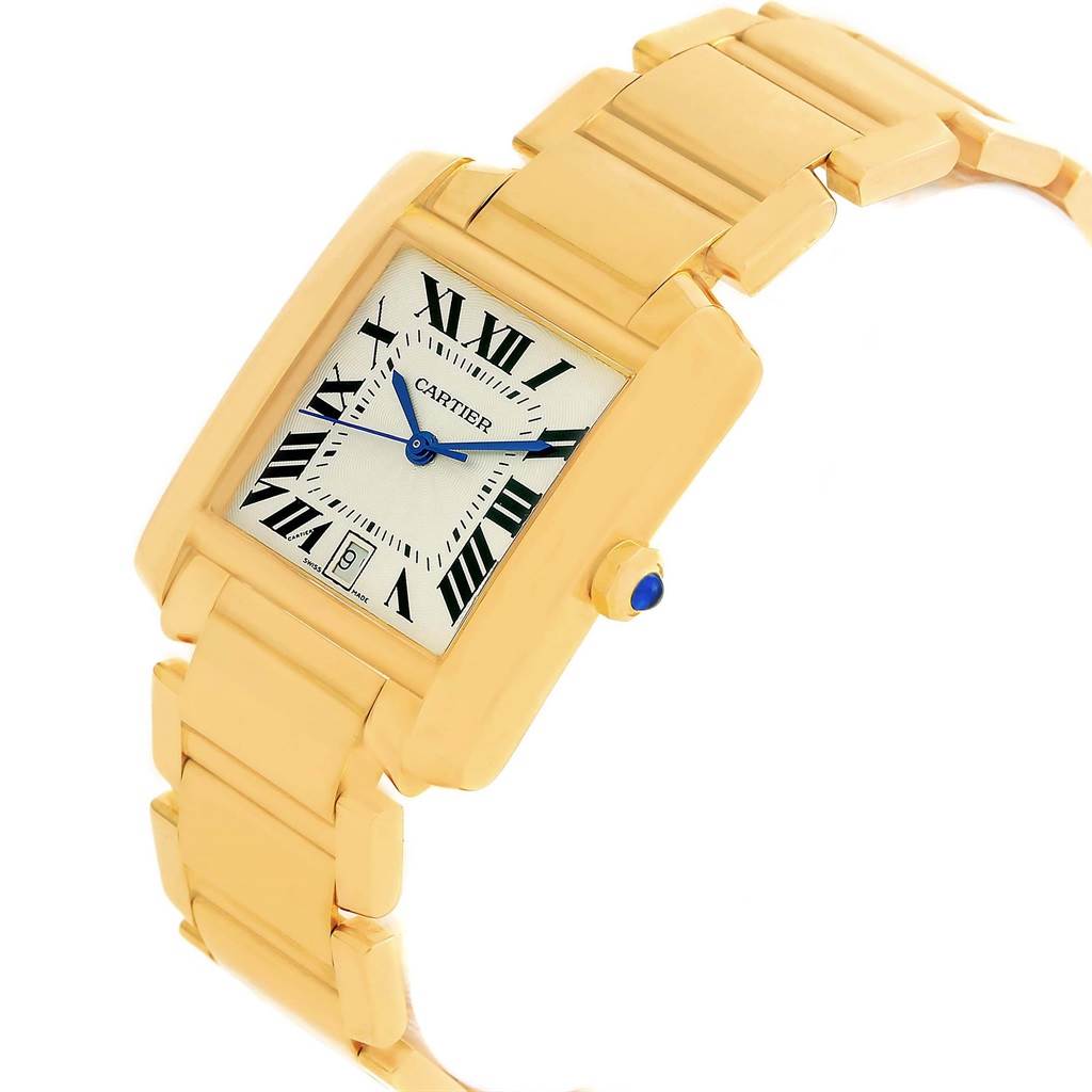 The image shows a Cartier Tank Francaise W50001R2 Men's Yellow Gold Silver Dial W50001R2 Men's Yellow Gold Silver Dial watch from a slightly tilted angle, highlighting its rectangular face and gold bracelet.