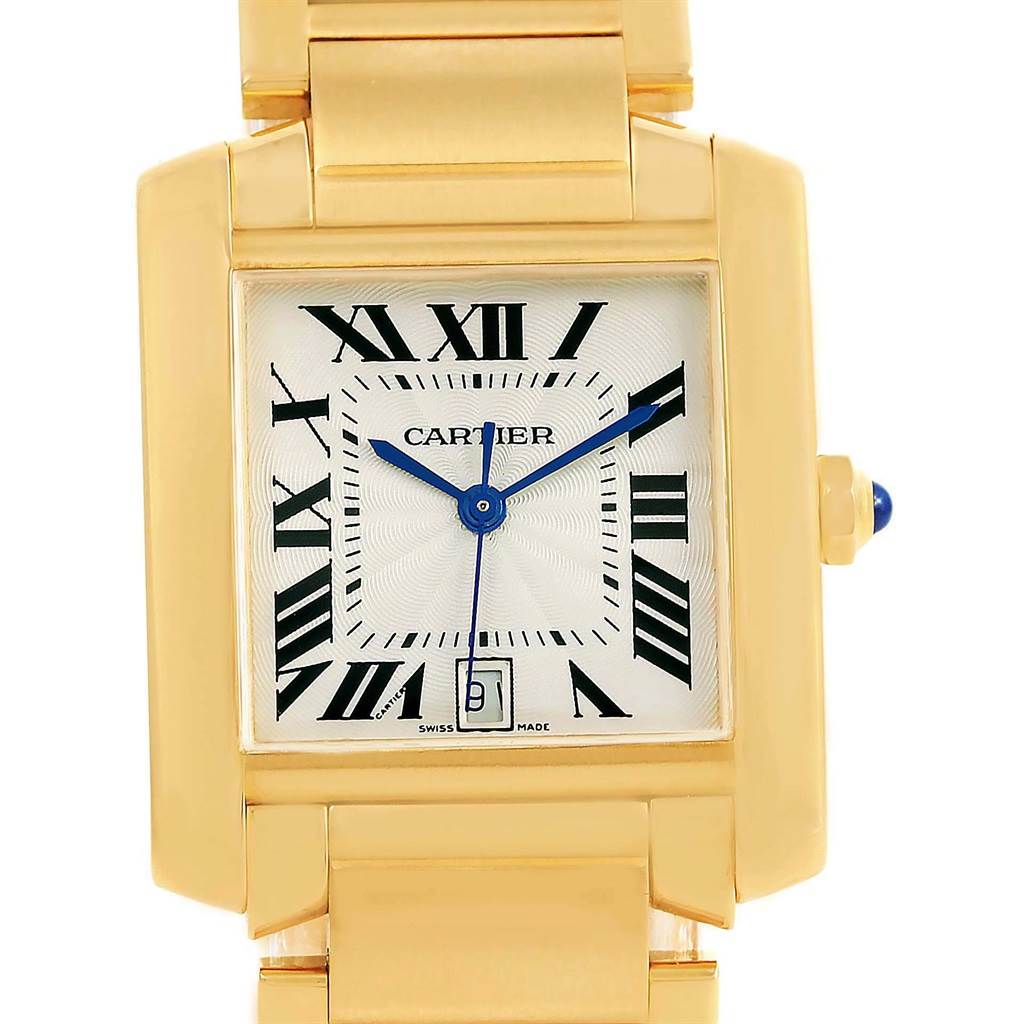 The image shows a frontal view of the dial and part of the bracelet of the Cartier Tank Française watch.