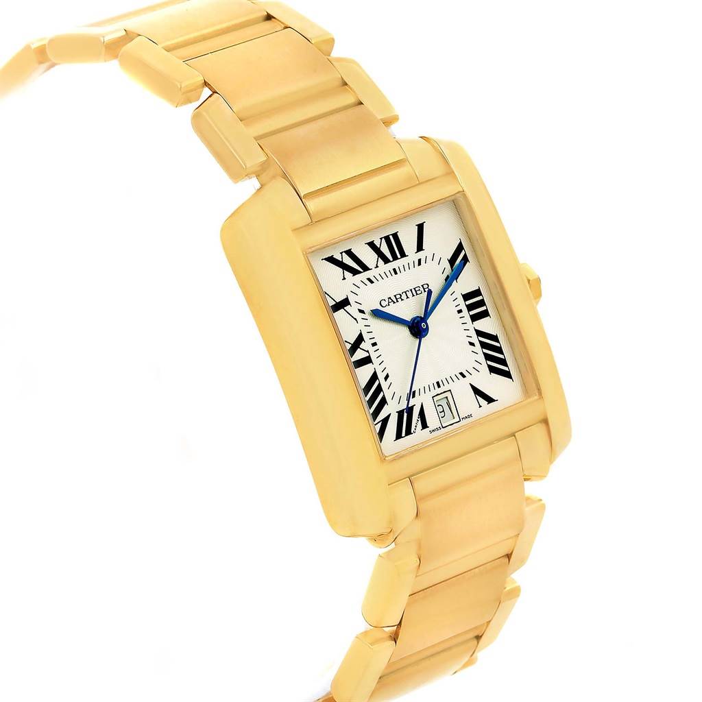This image shows a gold Cartier Tank Francaise W50001R2 Men's Yellow Gold Silver Dial W50001R2 Men's Yellow Gold Silver Dial watch from an angled front perspective, highlighting the rectangular face and bracelet.