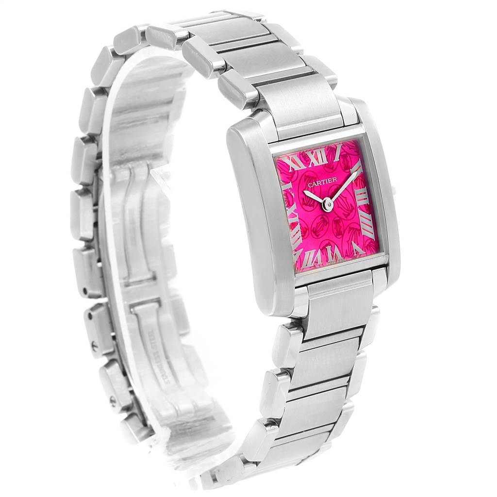 The image shows a Cartier Tank Française watch at a side angle, highlighting its silver link bracelet and pink square dial.